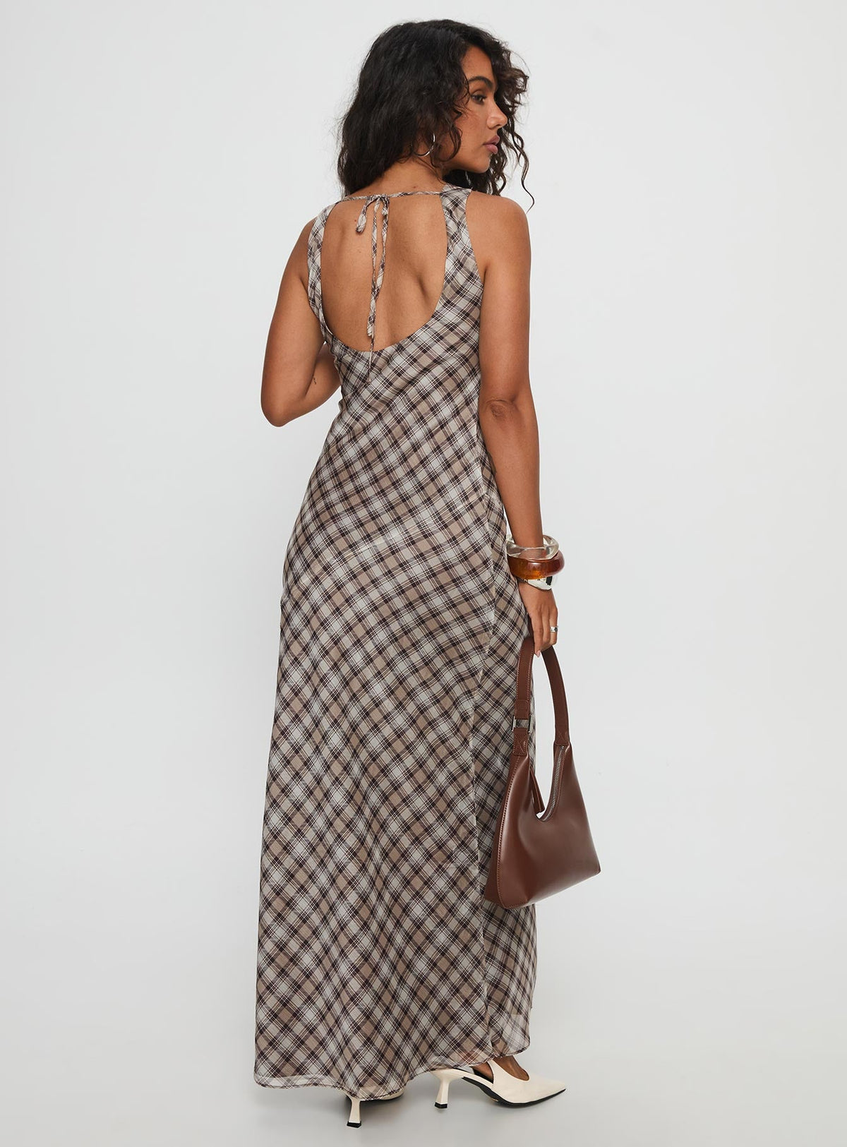 Veida Cowl Neck Maxi Dress Brown Check