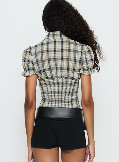 Maxfield Collared Button Up Blouse Top Multi Check