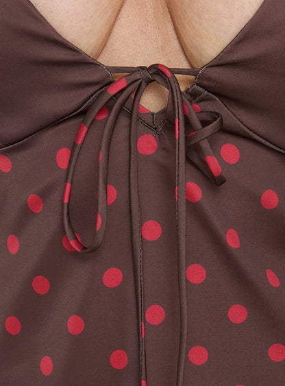 Warm Light Tie Detail Satin Cami Top Chocolate Polka Dot