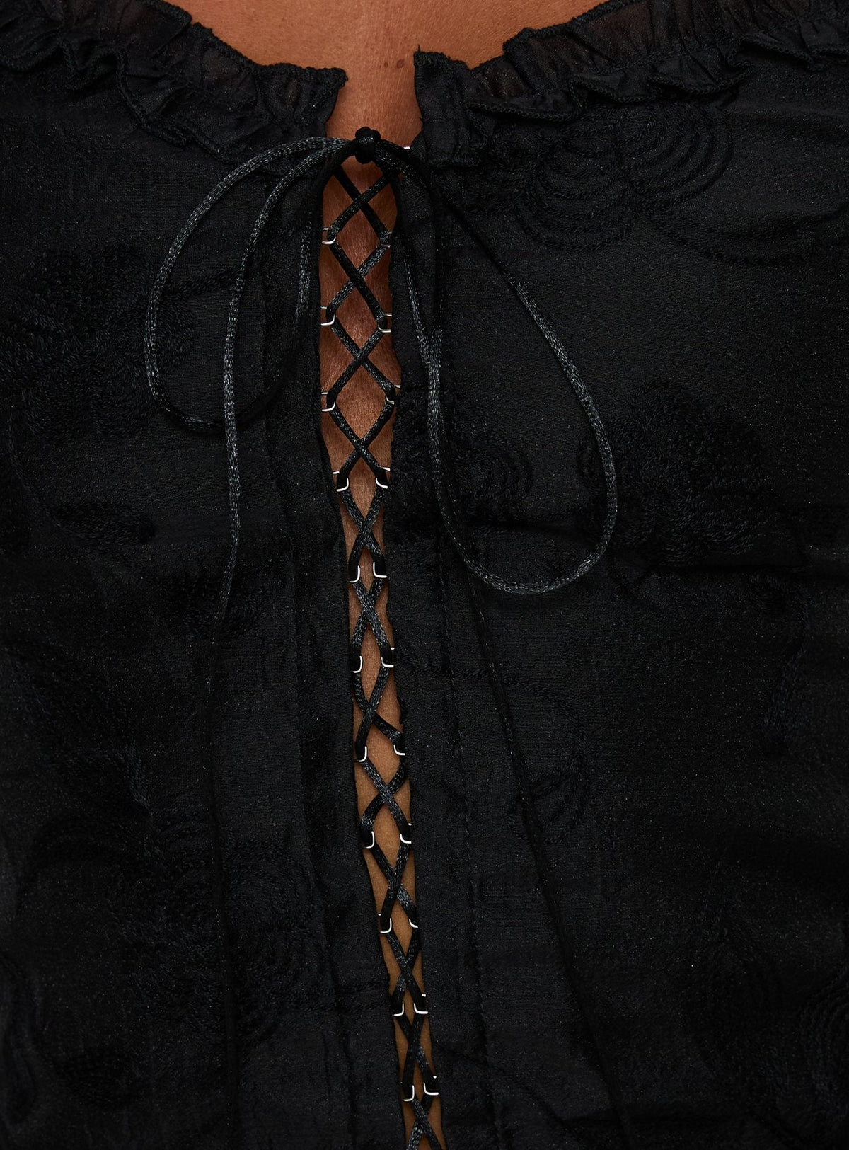 Angeleah Tie Up Frill Detail Top Black