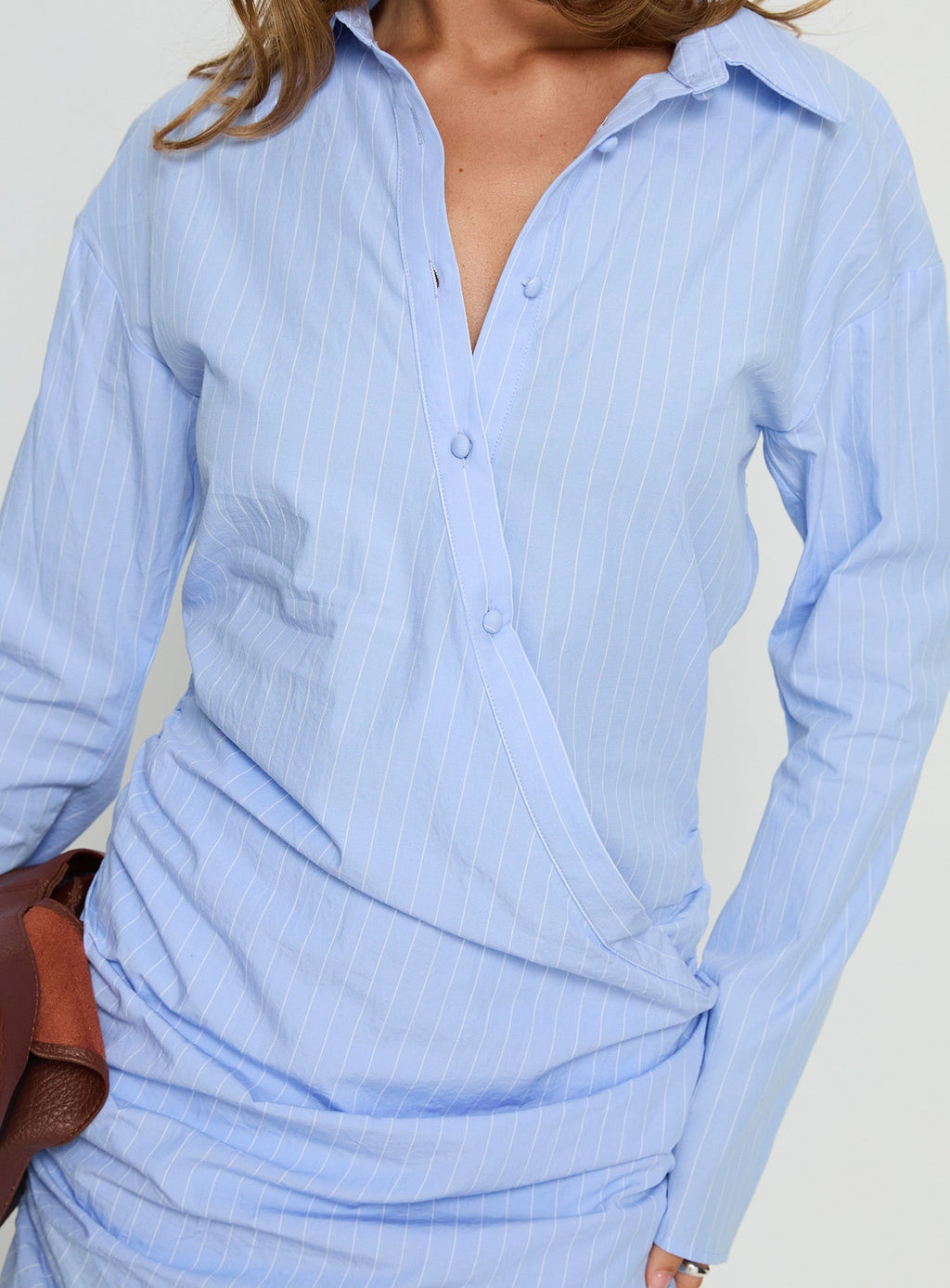 Well Versed Long Sleeve Ruched Shirt Mini Dress Blue