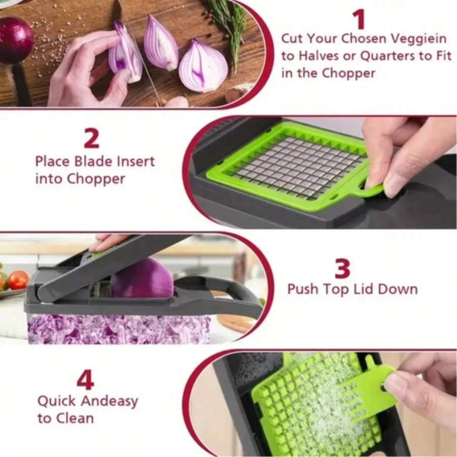[Vegetable Slicer] 16-In-1 Vegetable Chopper, Professional Onion Chopper, Multi-Functional Food Chopper, Kitchen Vegetable Slicer And Dicer, Vegetable Chopper With 8 Blades, Carrot Chopper With Container Father Gift
