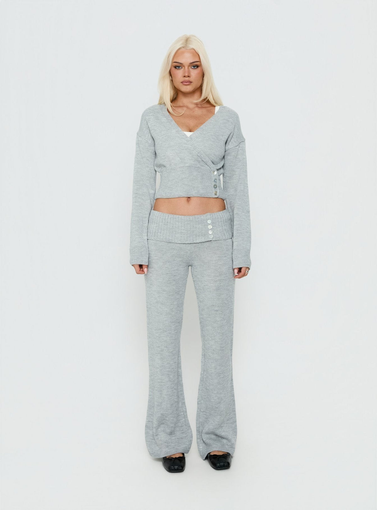 Odeline Fold Over Knit Pants Grey Marle