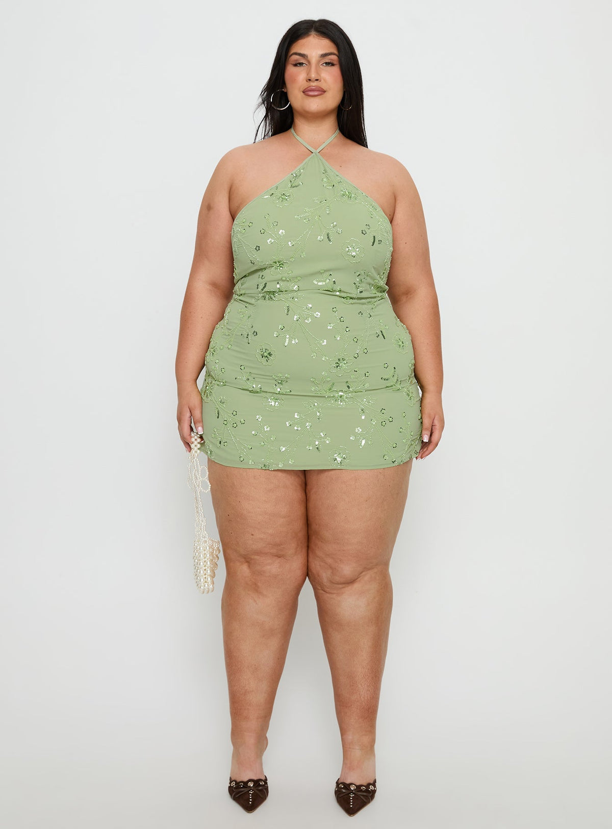 Evolet Embellished Halter Mini Dress Green Curve