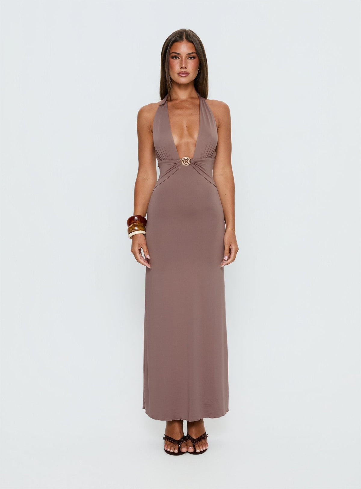 Naysana Halter Ruched Maxi Dress Mocha
