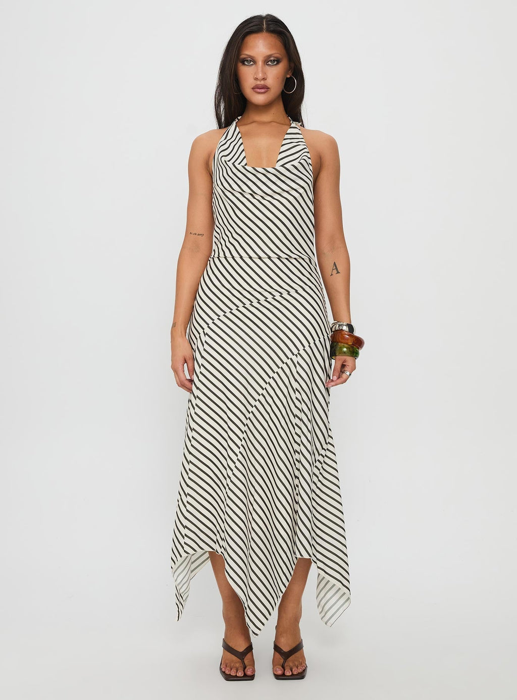 Junipa Halter Asymmetrical Maxi Dress White Stripe