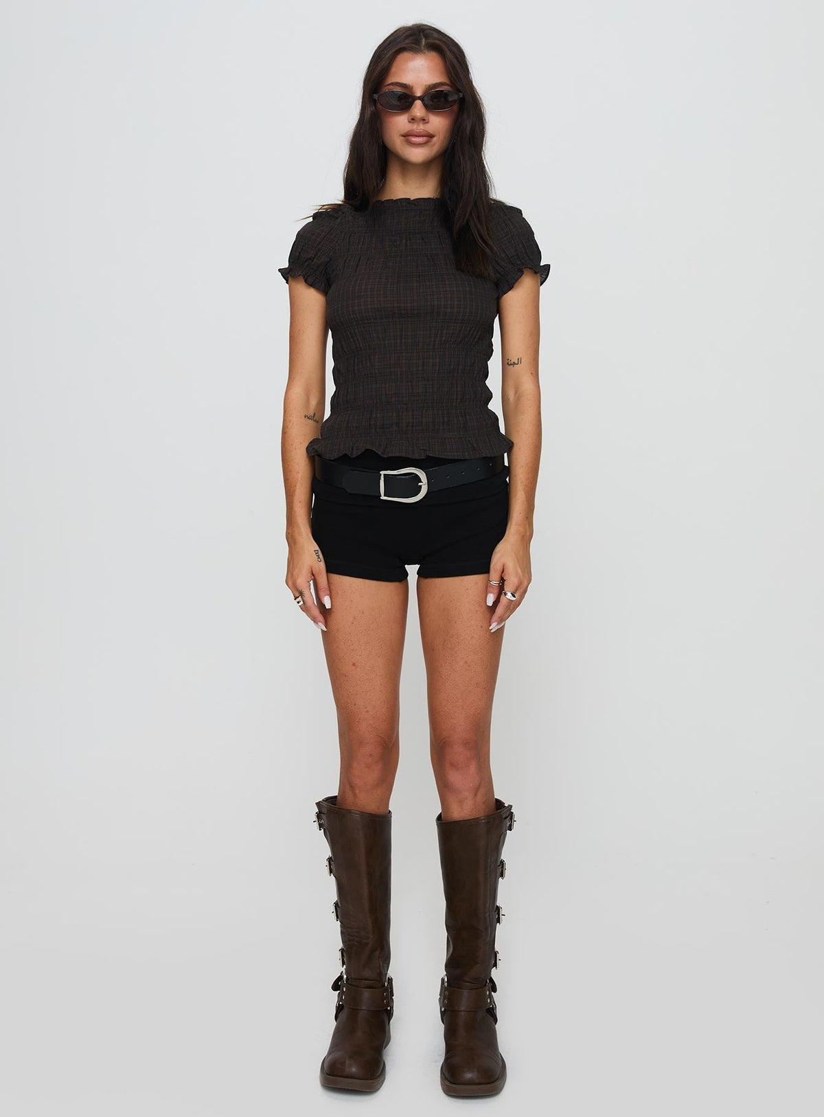 Romelle Shirred Top Black / Brown Plaid