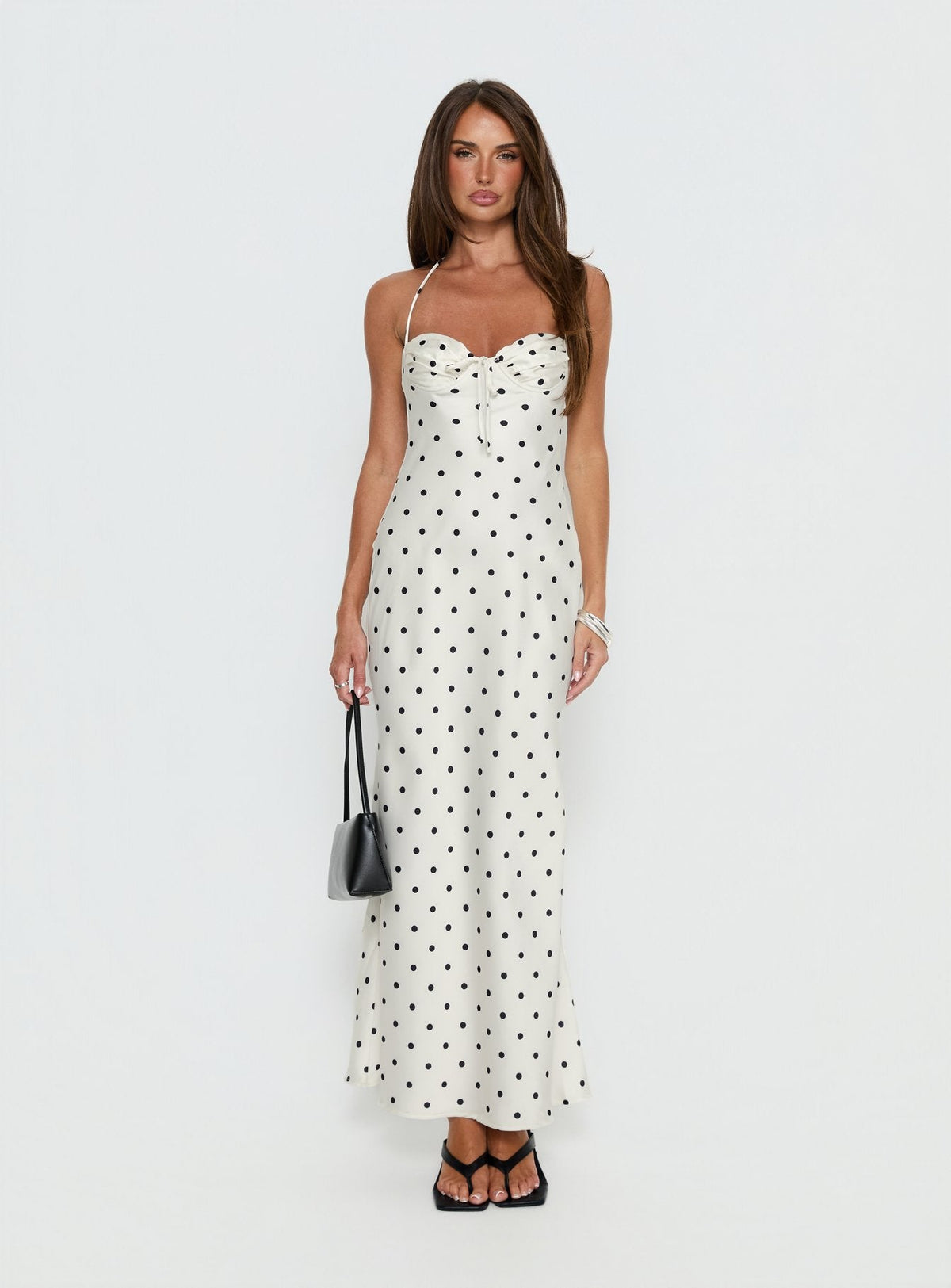 Costella Halter Satin Maxi Dress Cream Polka Dot
