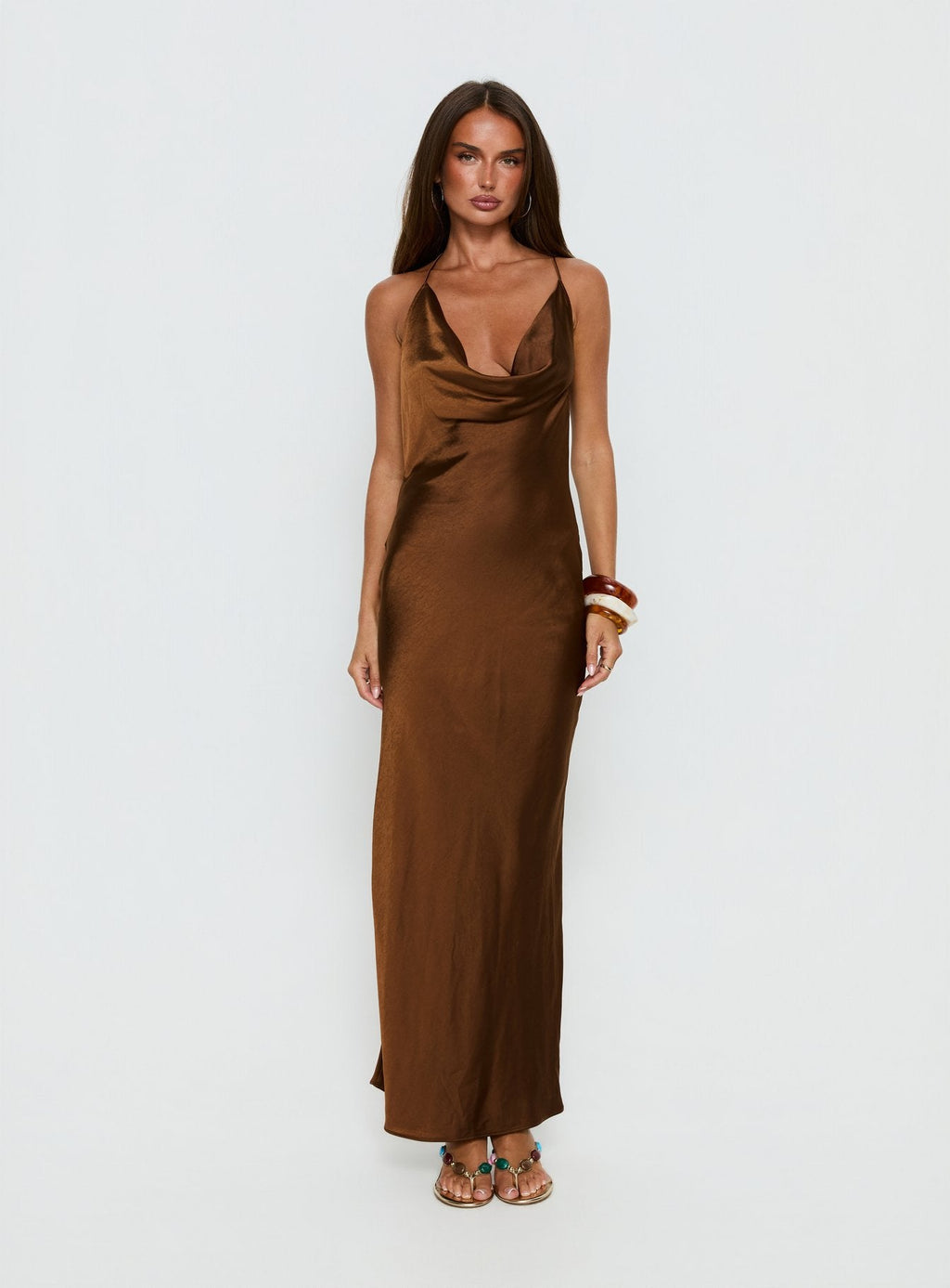 Anjelina Halter Plunge Maxi Dress Chocolate Brown