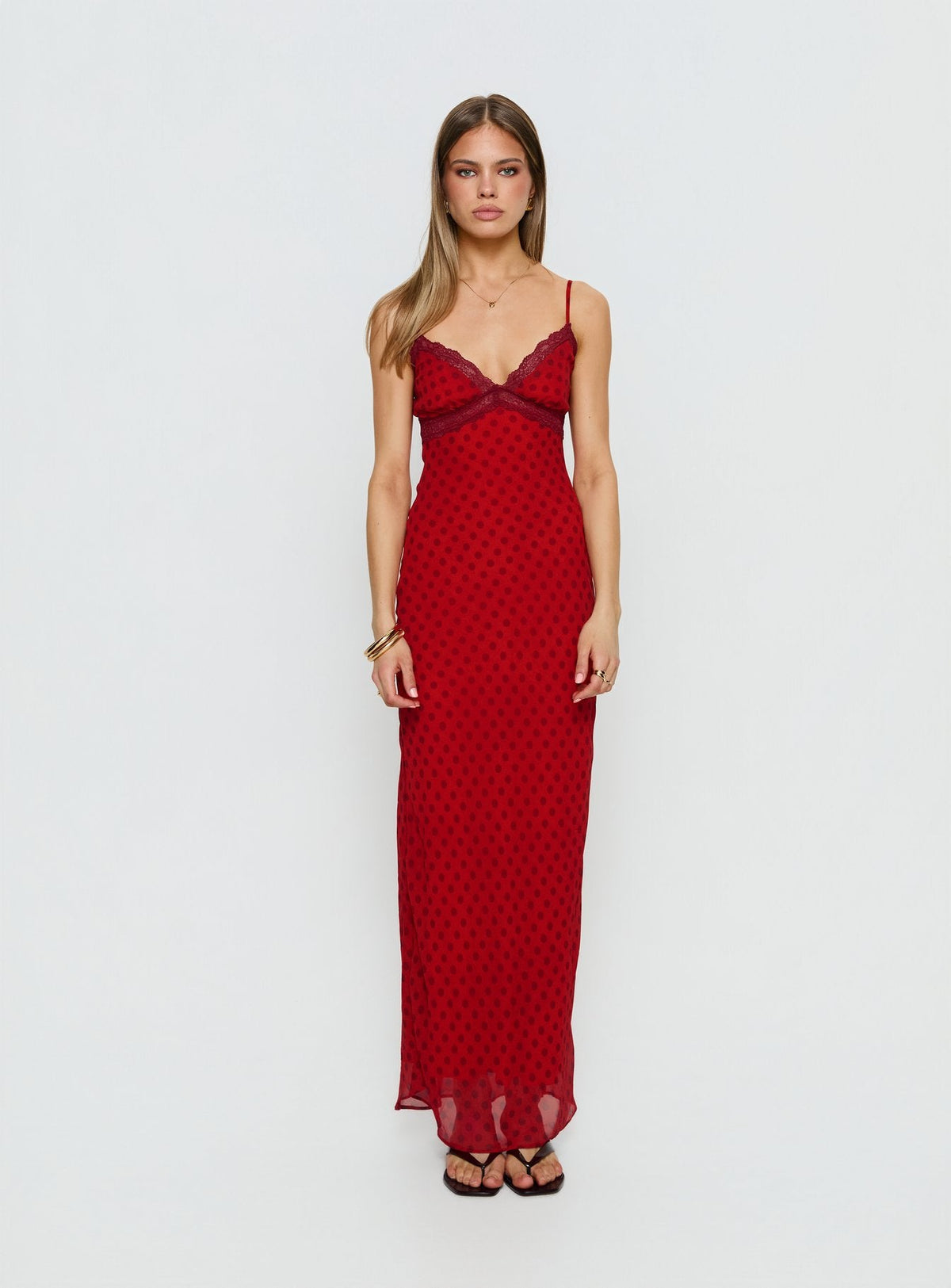 Adasia Lace V Neck Maxi Dress Red Polka Dot