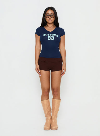 New York 93 Graphic V Neck Top Navy
