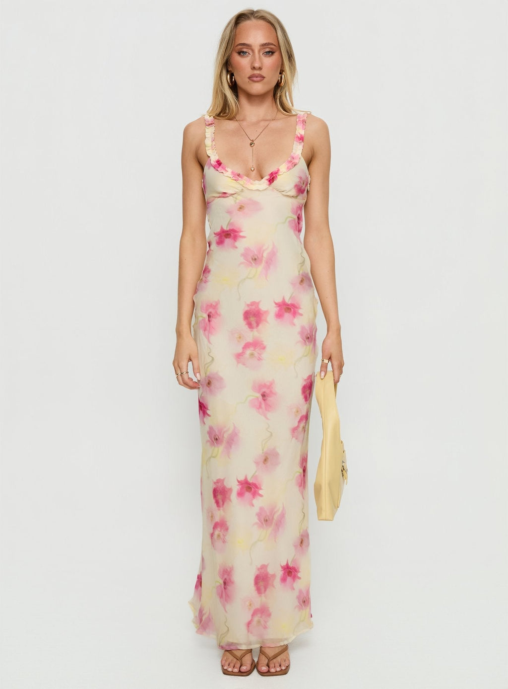 Baley Bias Cut Frill Maxi Dress White Floral