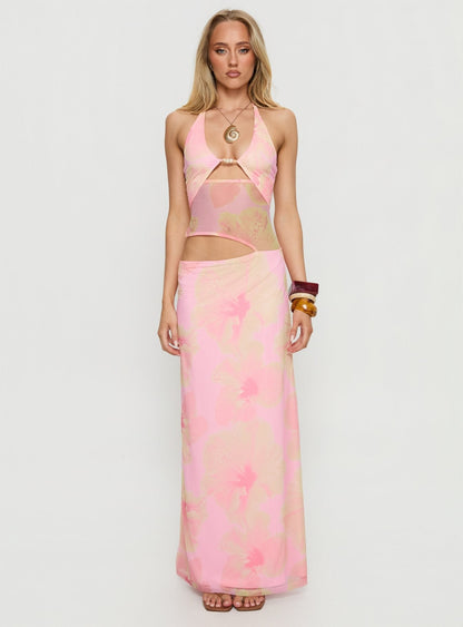Dyanna Halter Mesh Maxi Dress Pink Floral