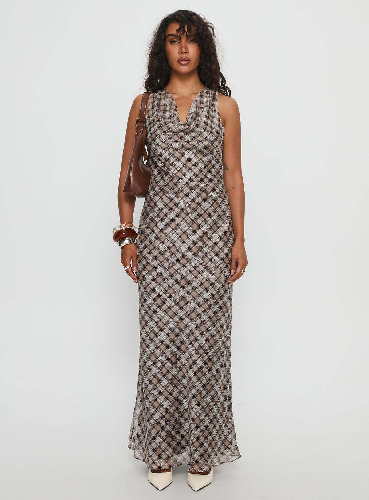 Veida Cowl Neck Maxi Dress Brown Check