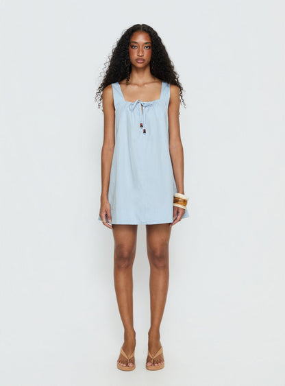 Barbel Square Neck Tie Detail Mini Dress Blue