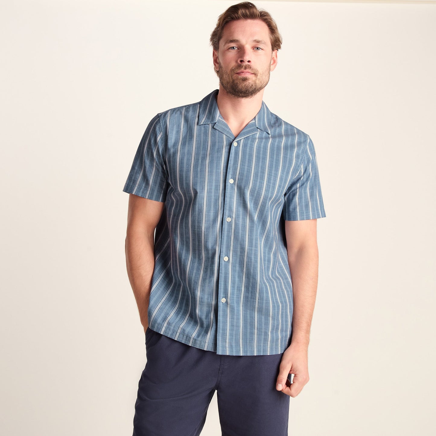 Boldon Mens 100% Cotton Supersoft Short Sleeve Shirt - Light Blue Stripe