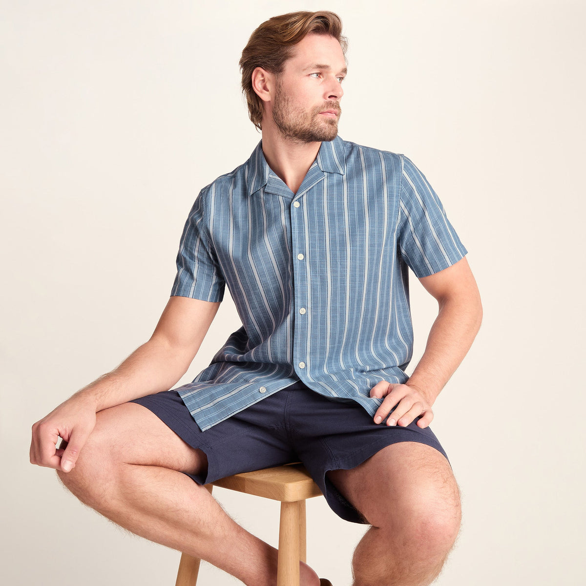 Boldon Mens 100% Cotton Supersoft Short Sleeve Shirt - Light Blue Stripe