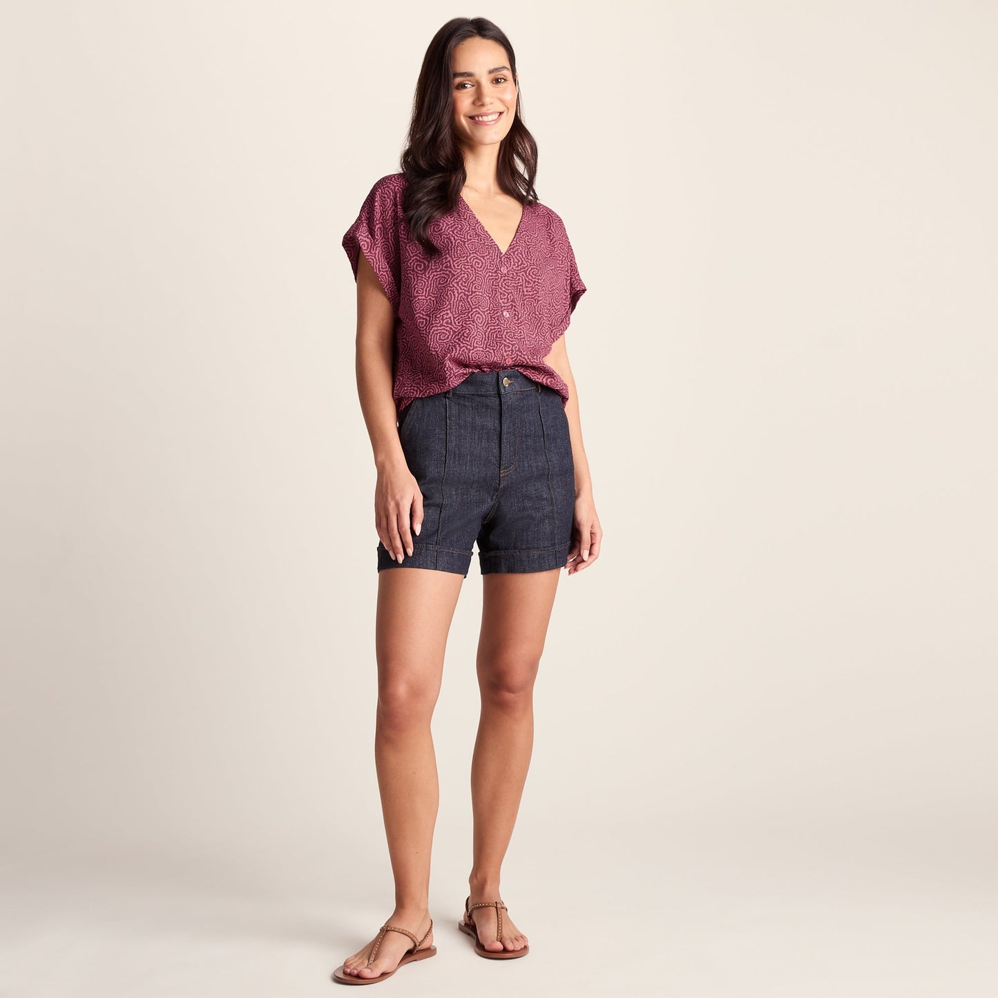 Meredith Womens Short Sleeve Supersoft Blouse - Black Raspberry Wiggle Print