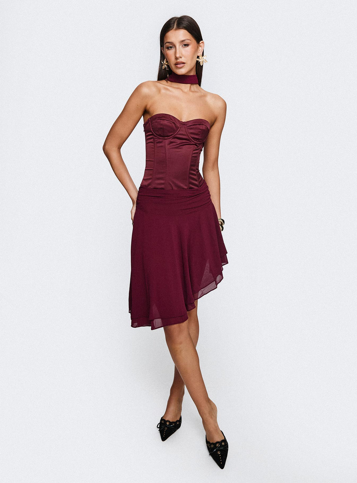 Rhythms Scarf Detail Midi Dress Wine