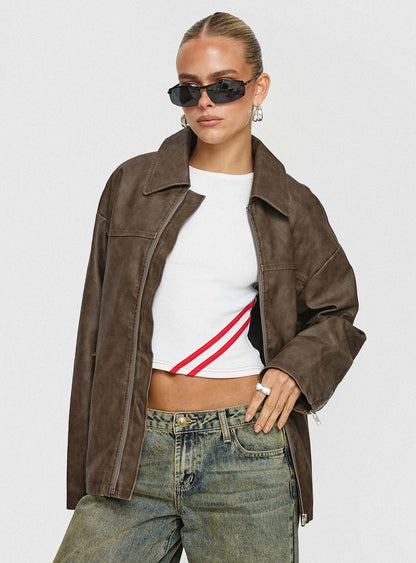 Faux Leather Collared Dad Jacket Washed Brown