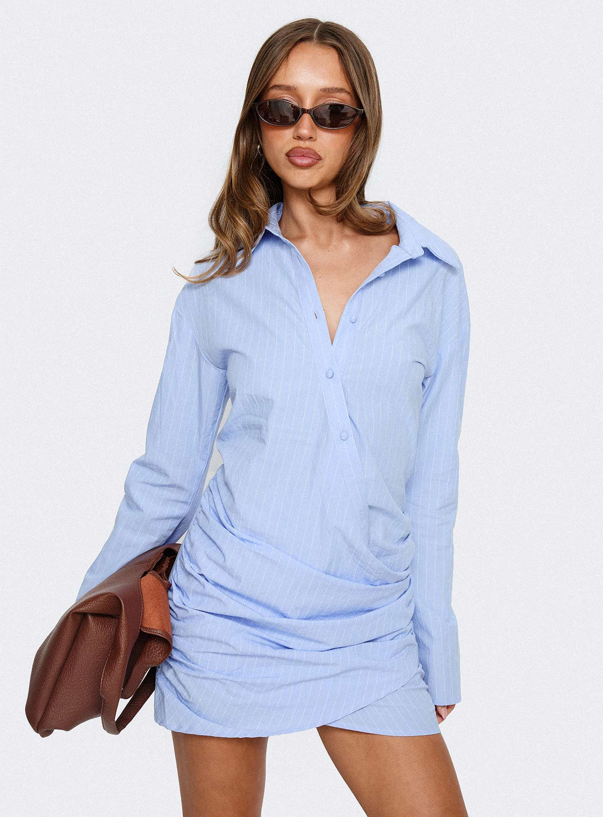 Well Versed Long Sleeve Ruched Shirt Mini Dress Blue