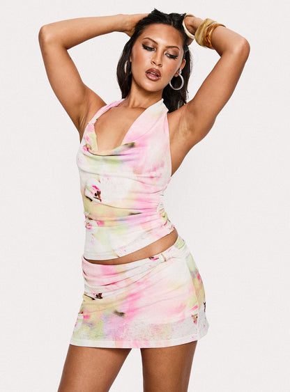 Sugar Rush Halter Cowl Neck Top Pink / Yellow Multi
