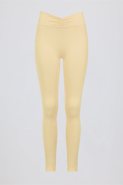 Brushed Jersey Ruched Mid-Rise Leggings in Lemon Marl