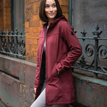 Keld Womens Long Shower Resistant Hooded Softshell Jacket - Burgundy