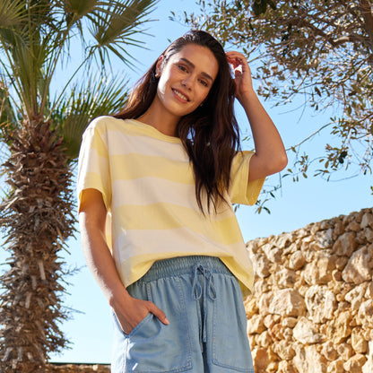 Lani Womens 100% Cotton Supersoft Boxy Fit T-Shirt - Butter Yellow Stripe