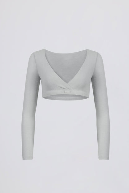 Brushed Jersey V-Neck Crop Top in Fog Grey