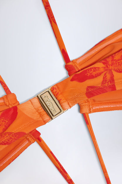 Cut-Out Halterneck Swimsuit in Orange Orchid Print