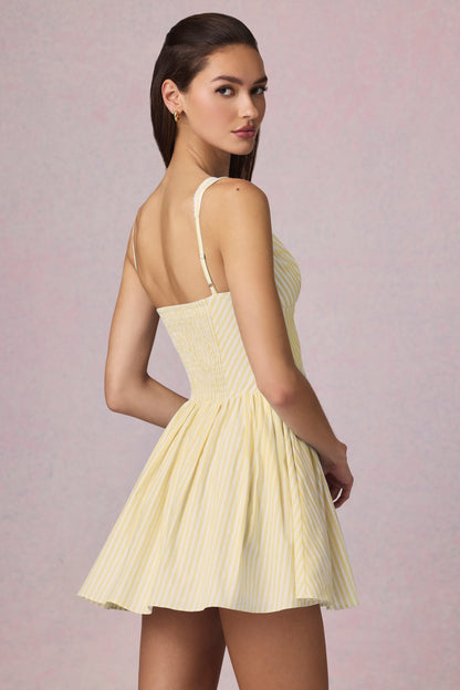 Bow-Detail A-Line Mini Dress in Lemon Yellow Stripe