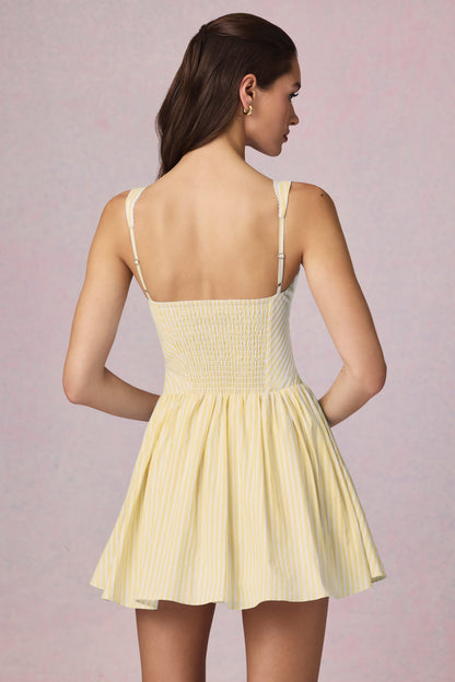 Bow-Detail A-Line Mini Dress in Lemon Yellow Stripe