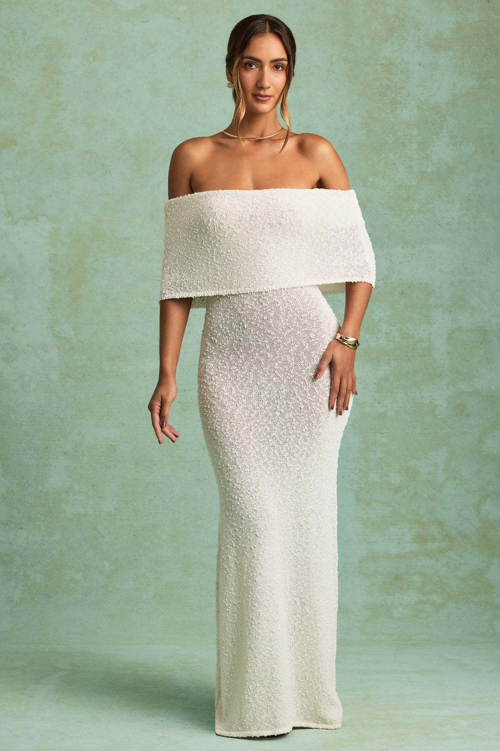 Bouclé Off-Shoulder Maxi Dress in White