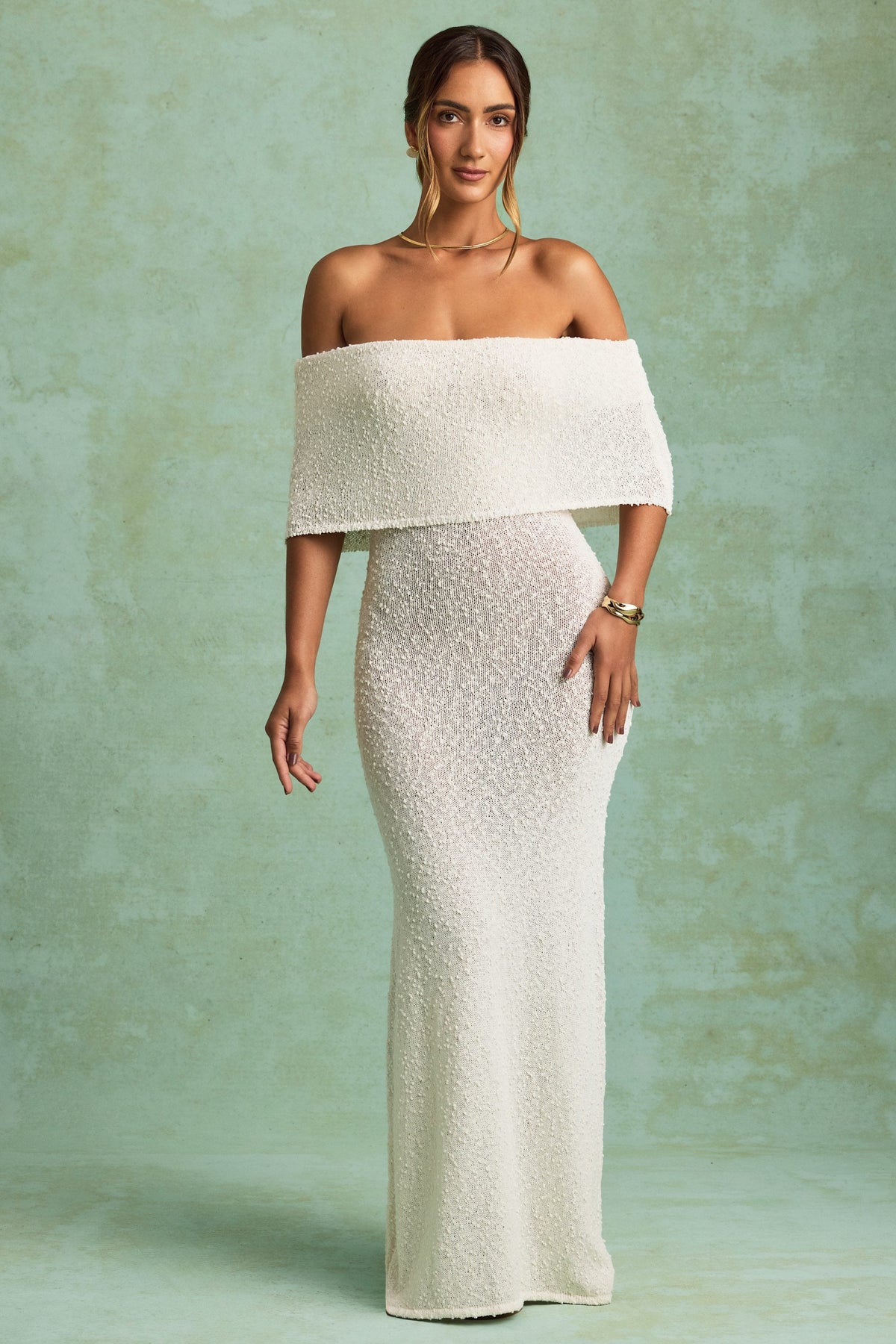 Bouclé Off-Shoulder Maxi Dress in White