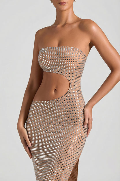 Embellished Cut-Out Bandeau Maxi Dress in Honey