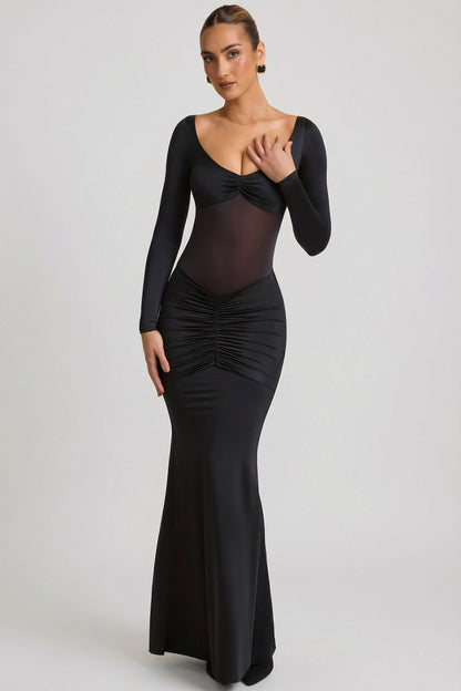Bow-Detail Ruched Maxi Dress in Black