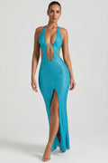 Embellished Cut-Out Halterneck Maxi Dress in Aqua Blue