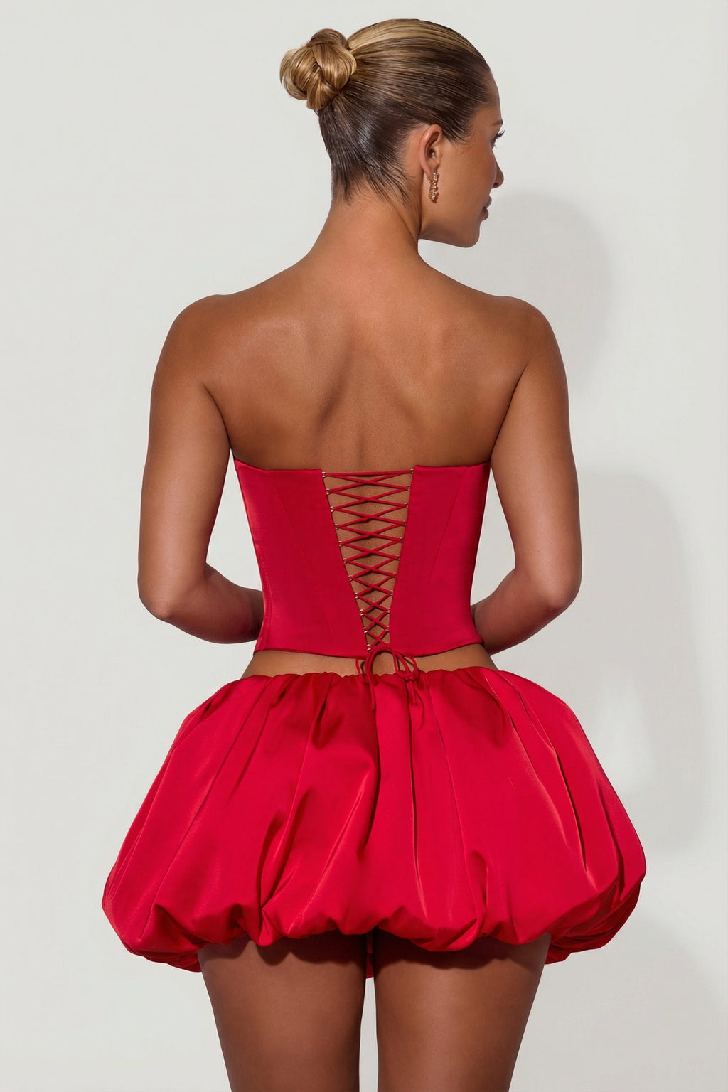 Embellished Heart Cut-Out Strapless Corset Top in Red