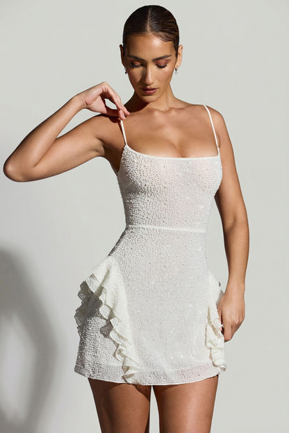 Embellished Frill Mini Dress in White