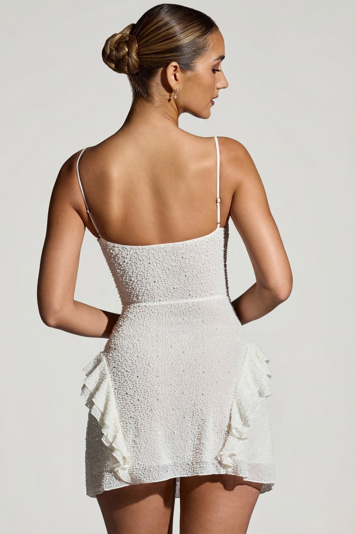 Embellished Frill Mini Dress in White