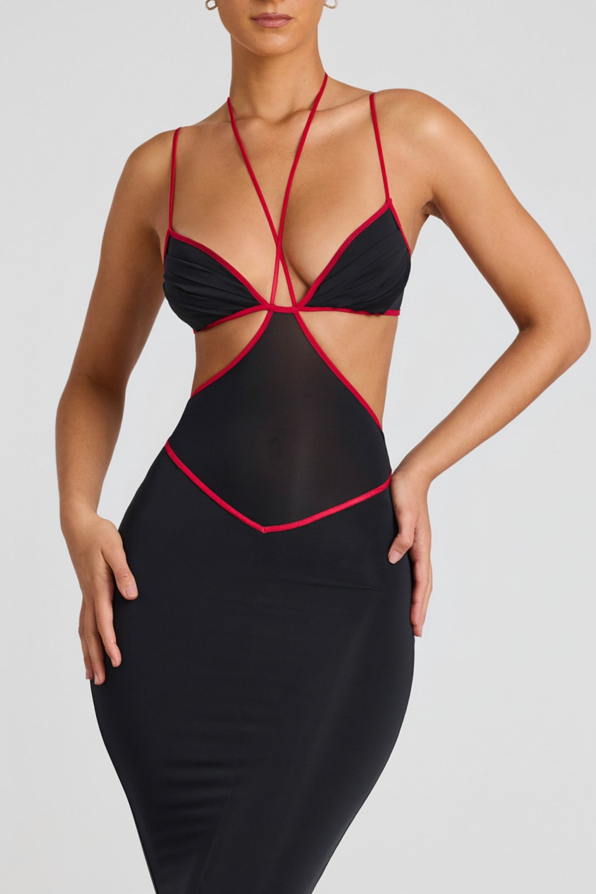 Contrast Binding Cut Out Evening Gown in Black