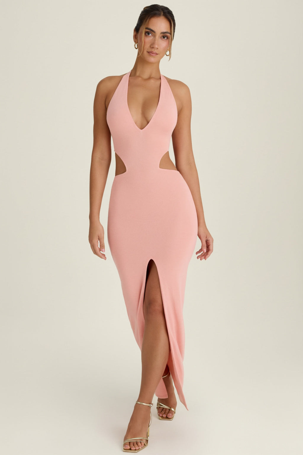 Cut-Out Halterneck Maxi Dress in Apricot Pink