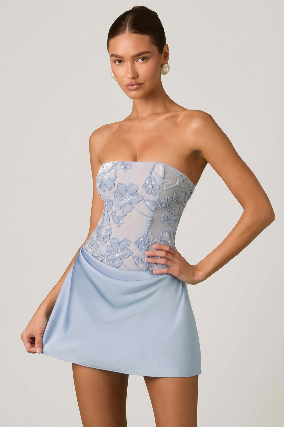 Embellished Draped Strapless A-Line Mini Dress in Sky Blue