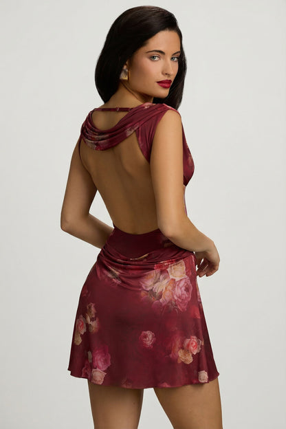 Draped Open-Back A-Line Mini Dress in Maroon Floral Print
