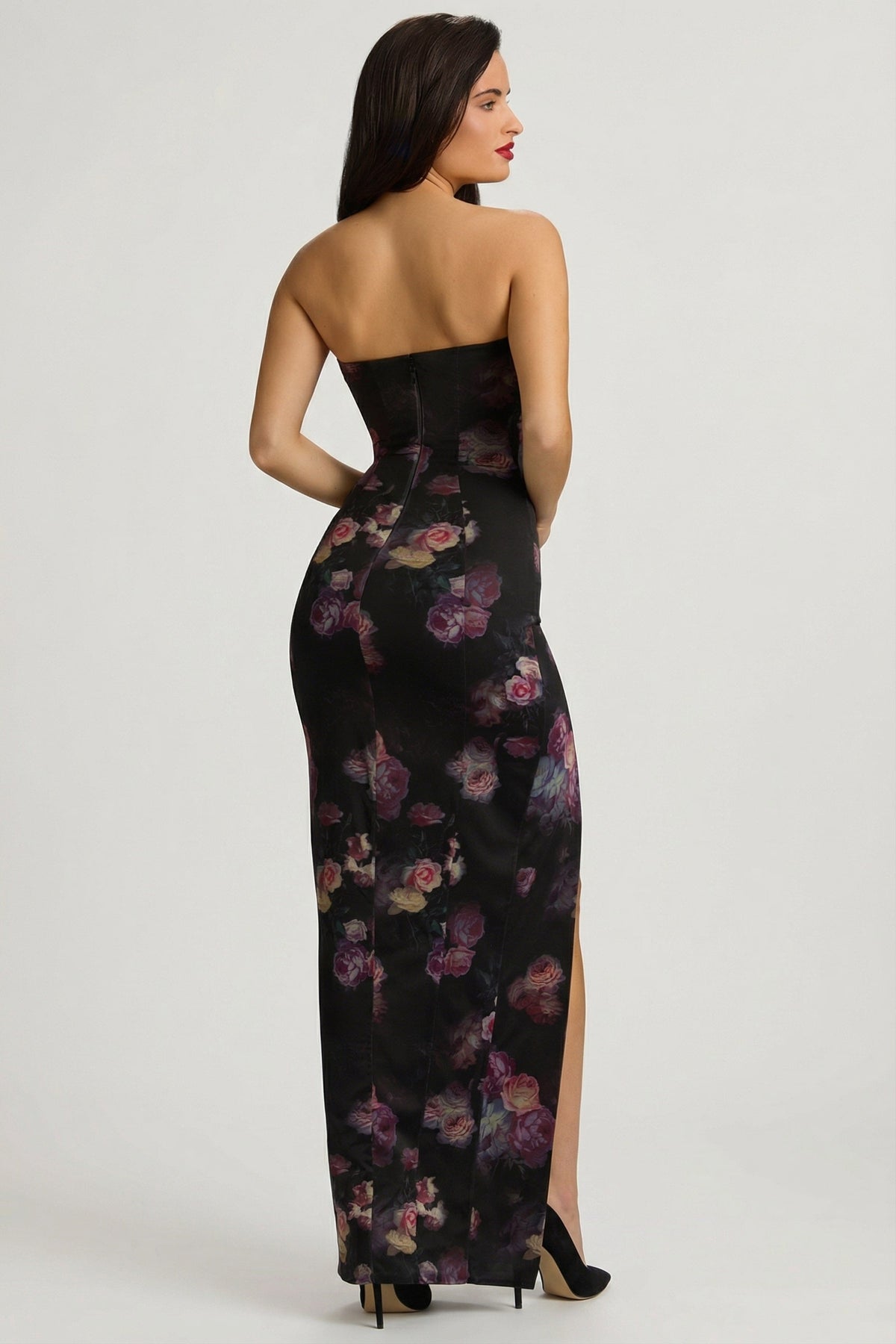 Bandeau Cowl-Neck Maxi Dress in Black Floral Print