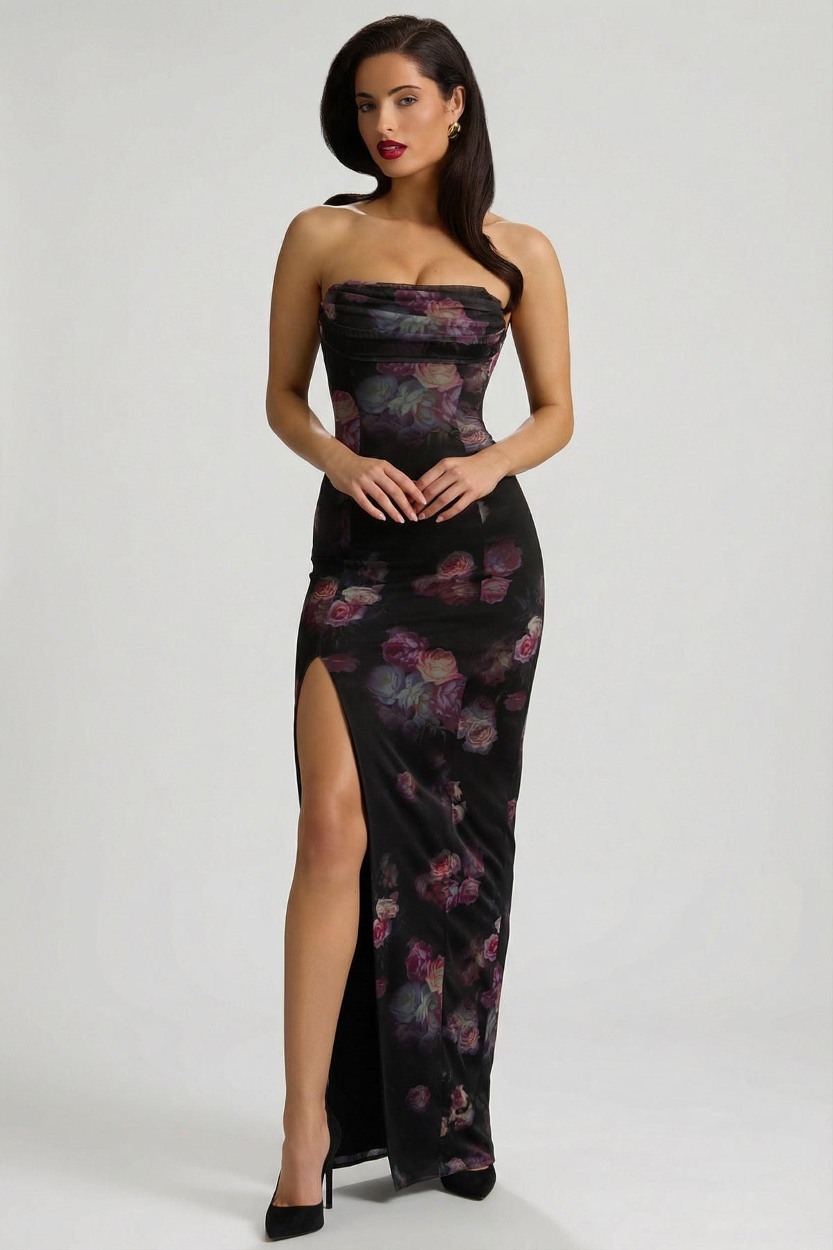 Bandeau Cowl-Neck Maxi Dress in Black Floral Print