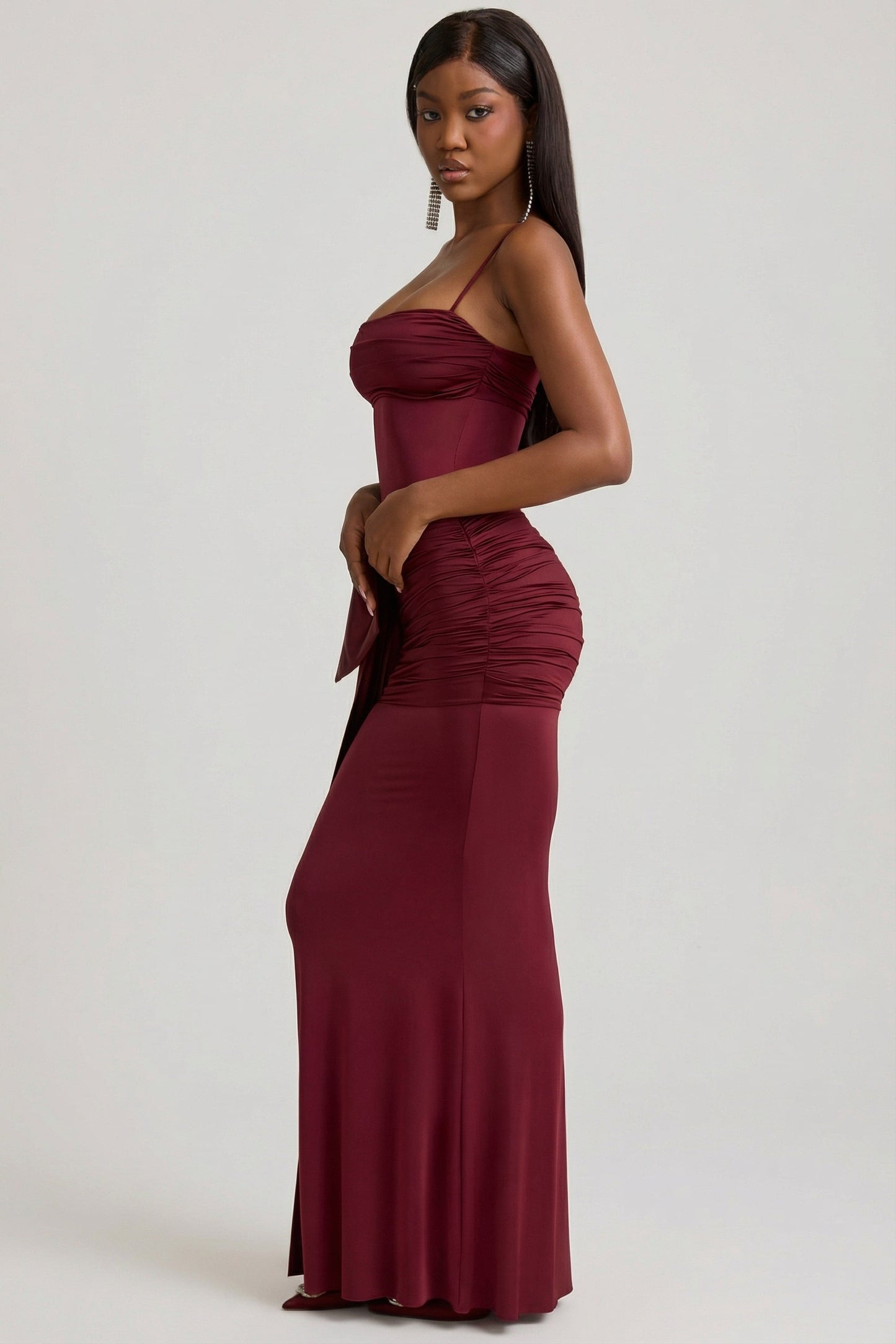 Bow-Detail Ruched Maxi Dress in Wine Red