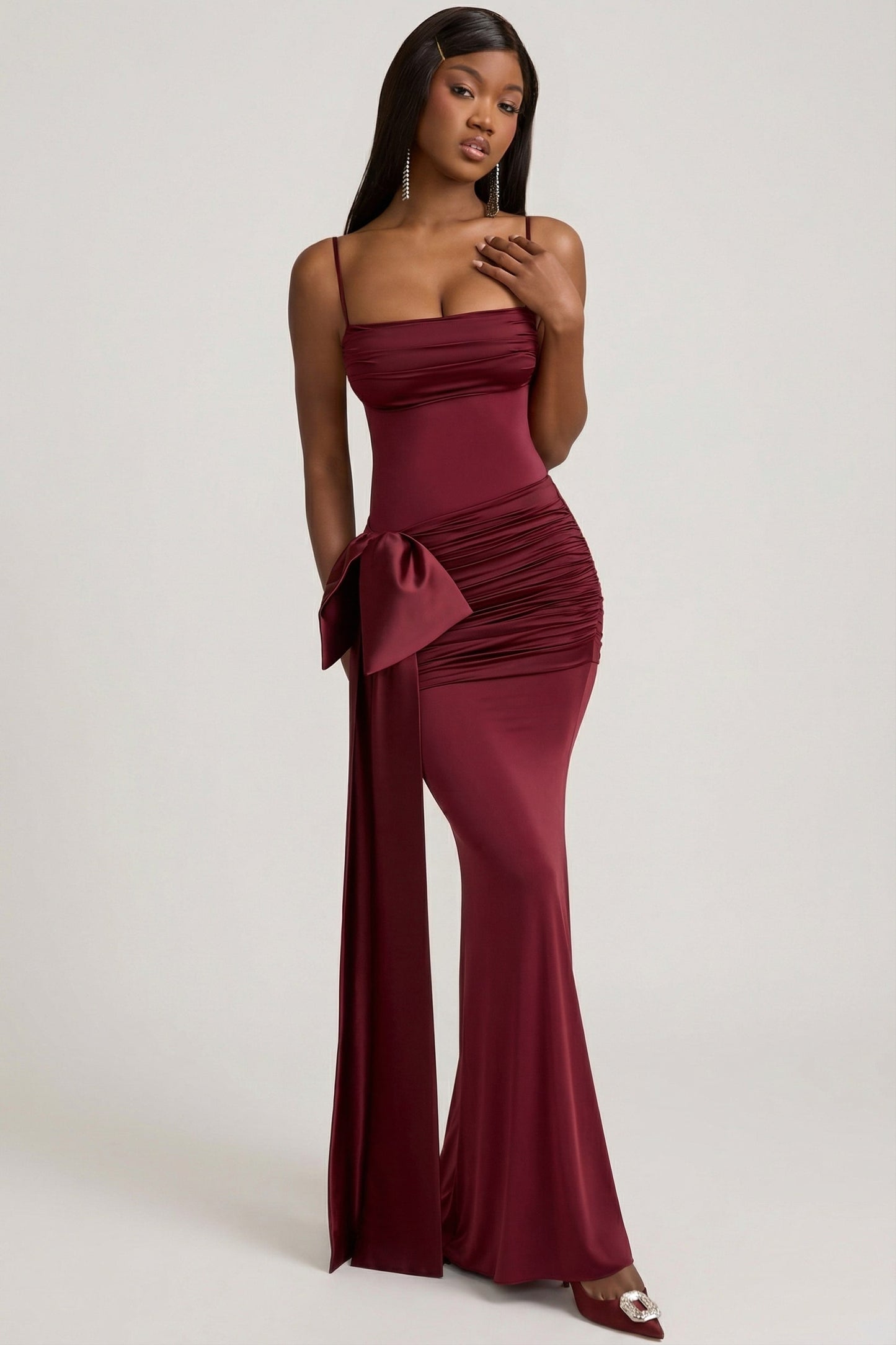 Bow-Detail Ruched Maxi Dress in Wine Red