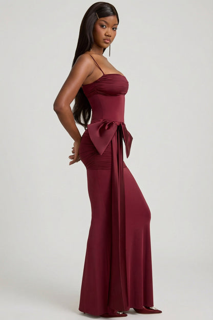 Bow-Detail Ruched Maxi Dress in Wine Red